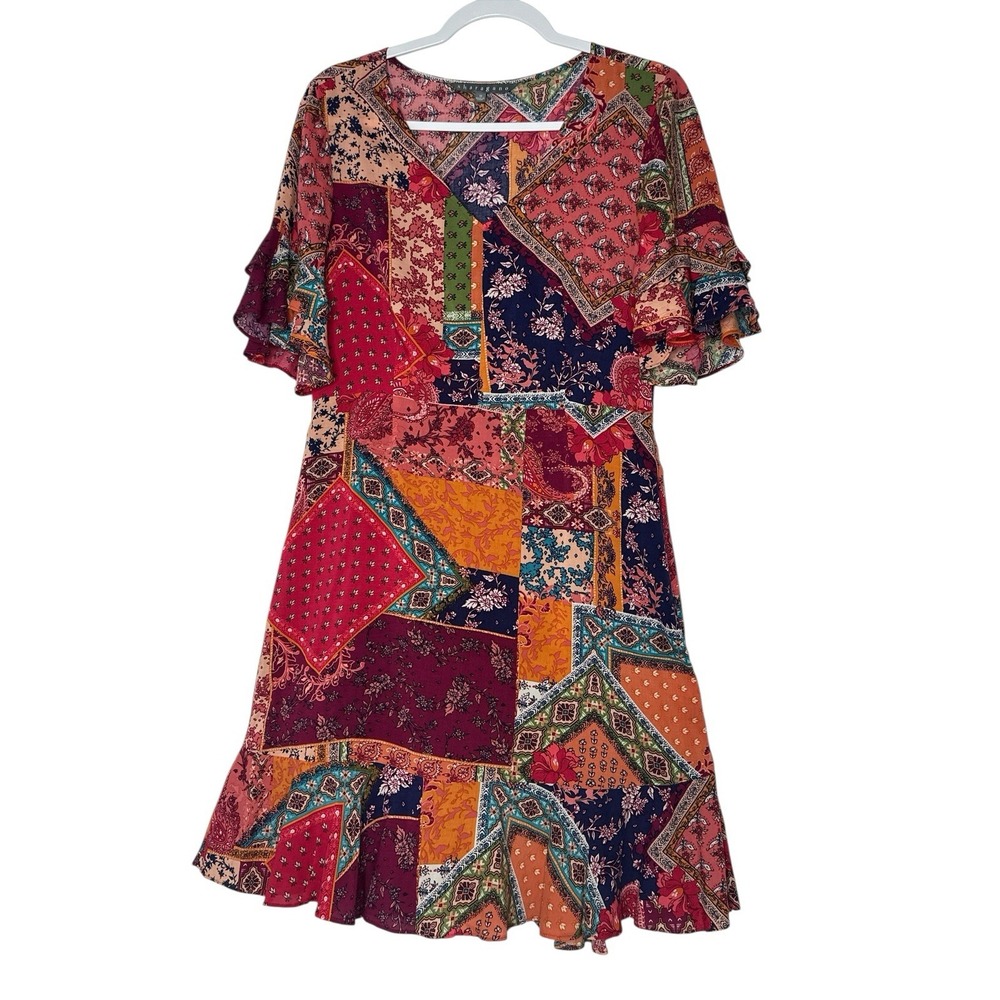 Sharagano Dress Women's Size‎ 10 Patchwork Short Sleeve Bohemian Ruffle Sundress